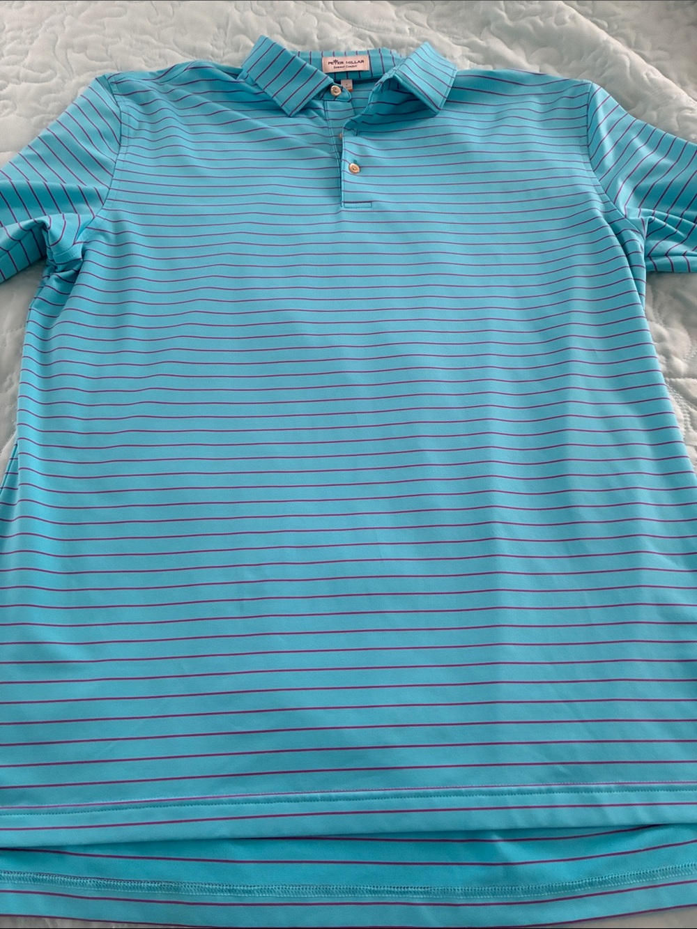 Peter Millar summer comfort blue with magenta stripe  Casual golf Shirt polo